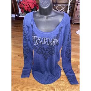 Harley Davidson Womens Ribbed Blue Long Sleeve Black Bling Rhinestones XL